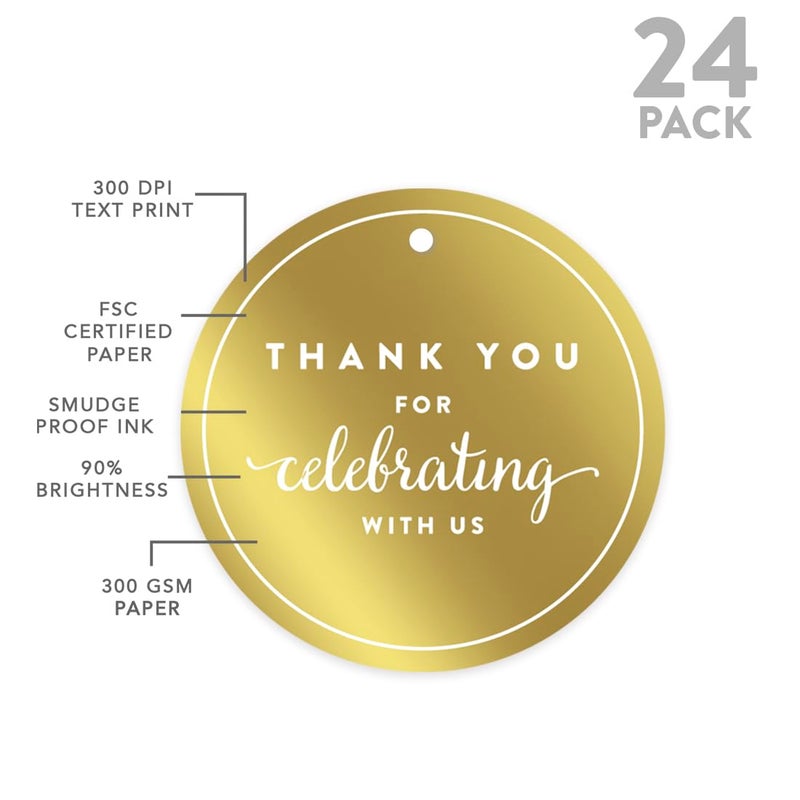 Andaz Press Round Circle Favor Gift Tags, Metallic Gold Ink, Thank You for Celebrating with US, 24-Pack, for Baby Bridal Shower, Wedding Decor - Image 5